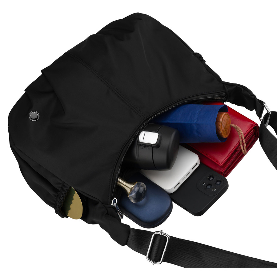 Czarna torebka damska z poliestru zamykana suwakiem, dwukomorowa - Peterson