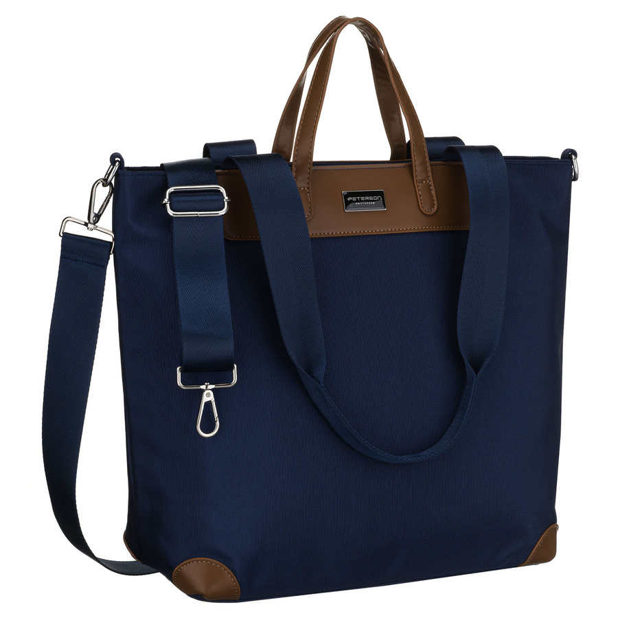 Duża, granatowa shopperka damska, jednokomorowa, zawieszona na uchwytach i doczepianym pasku - Peterson