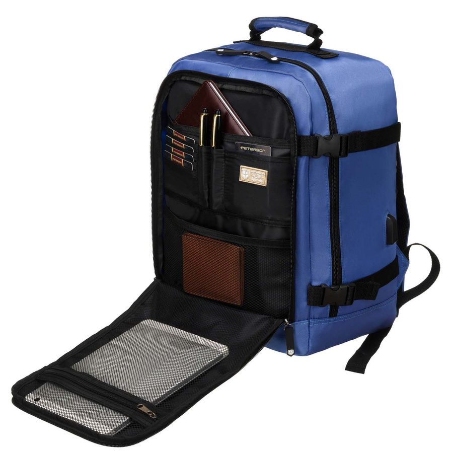 Podróżny plecak z wodoodpornego poliestru w niebieskim kolorze zawieszony na regulowanych szelkach - Peterson