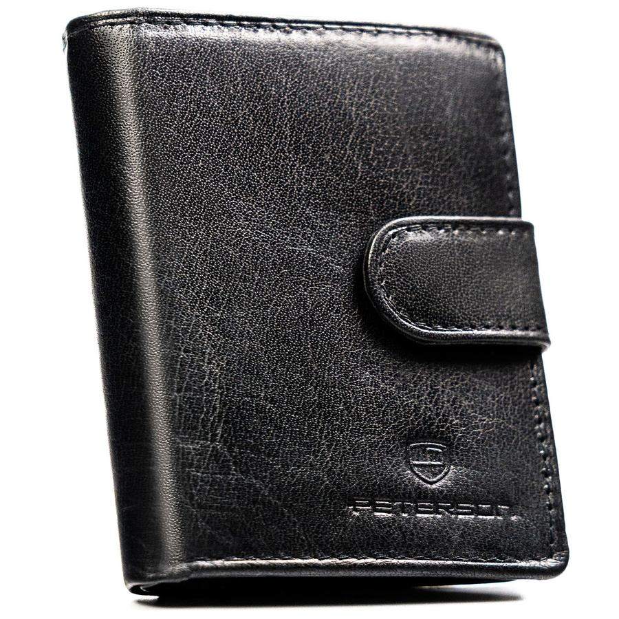 Portfel męski ze skóry naturalnej w czarnym kolorze, model zamykany zatrzaskiem - Peterson