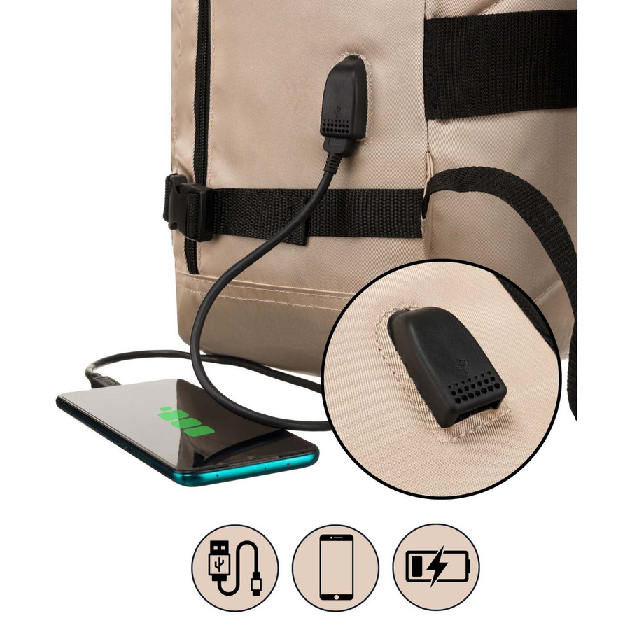 Beżowy plecak kabinowy z wodoodpornego poliestru wyposażony w uchwyt na walizkę - Peterson