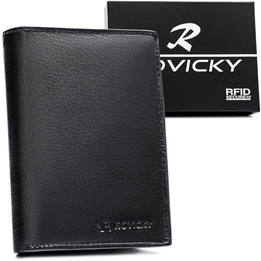 Duży portfel męski ze skóry naturalnej w czarnym kolorze, mieszczący dowód rejestracyjny - Rovicky