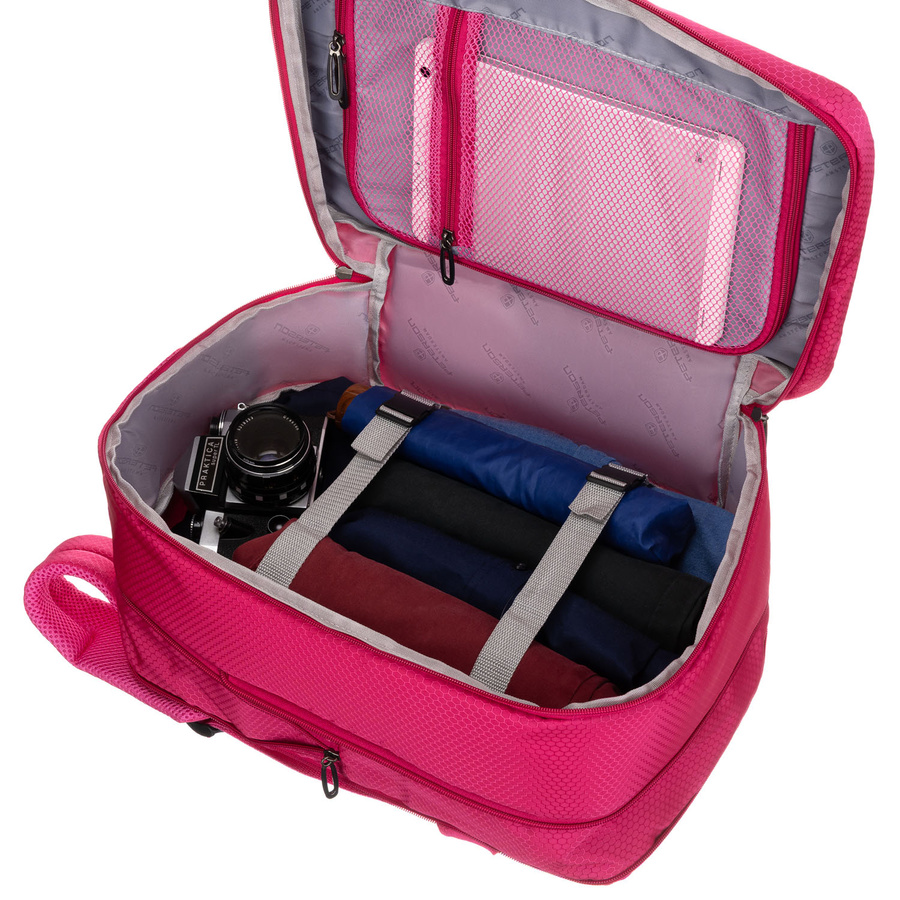 Różowy, podróżny plecak z poliestru z uchwytem do zamocowania na walizce - Peterson