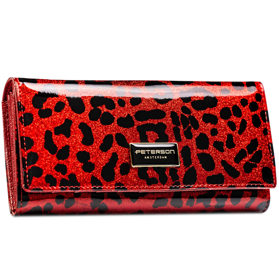 Duży portfel damski ze skóry ekologicznej i naturalnej w czerwonym kolorze zamykany zatrzaskiem - Peterson