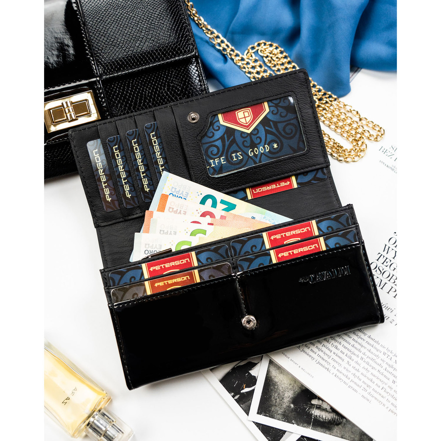 Duży, czarny portfel damski z lakierowanej skóry naturalnej - 4U Cavaldi