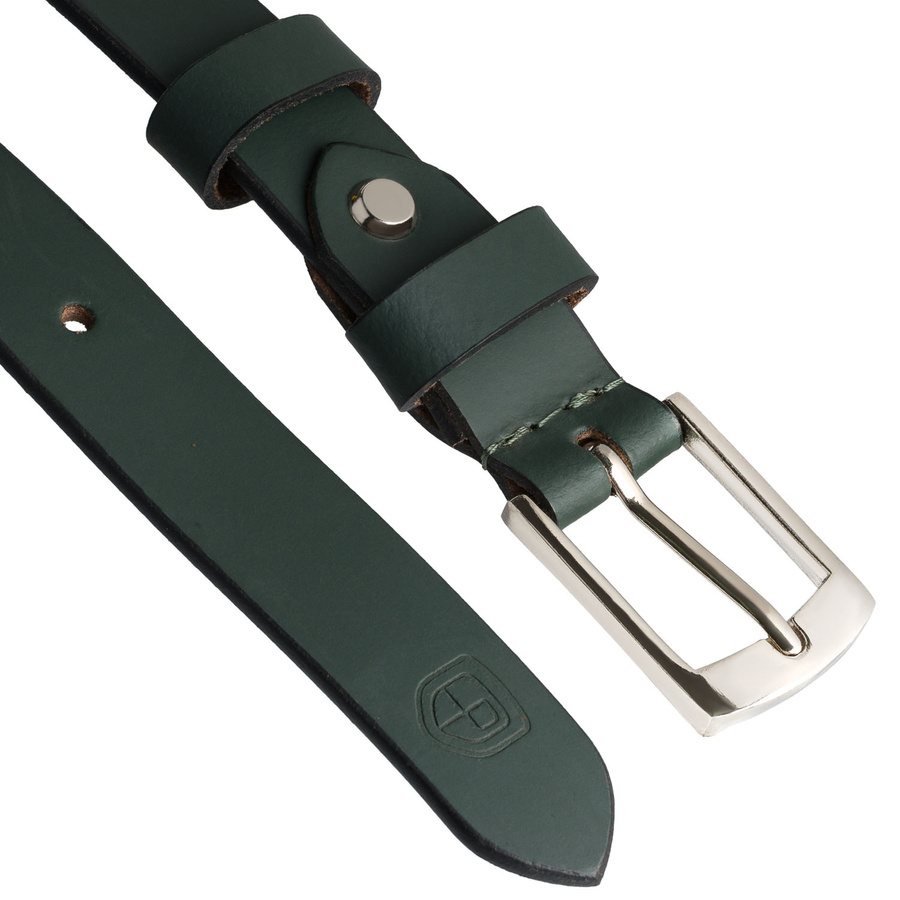 Skórzany, zielony pasek damski ze srebrną, klasyczną klamrą - Peterson