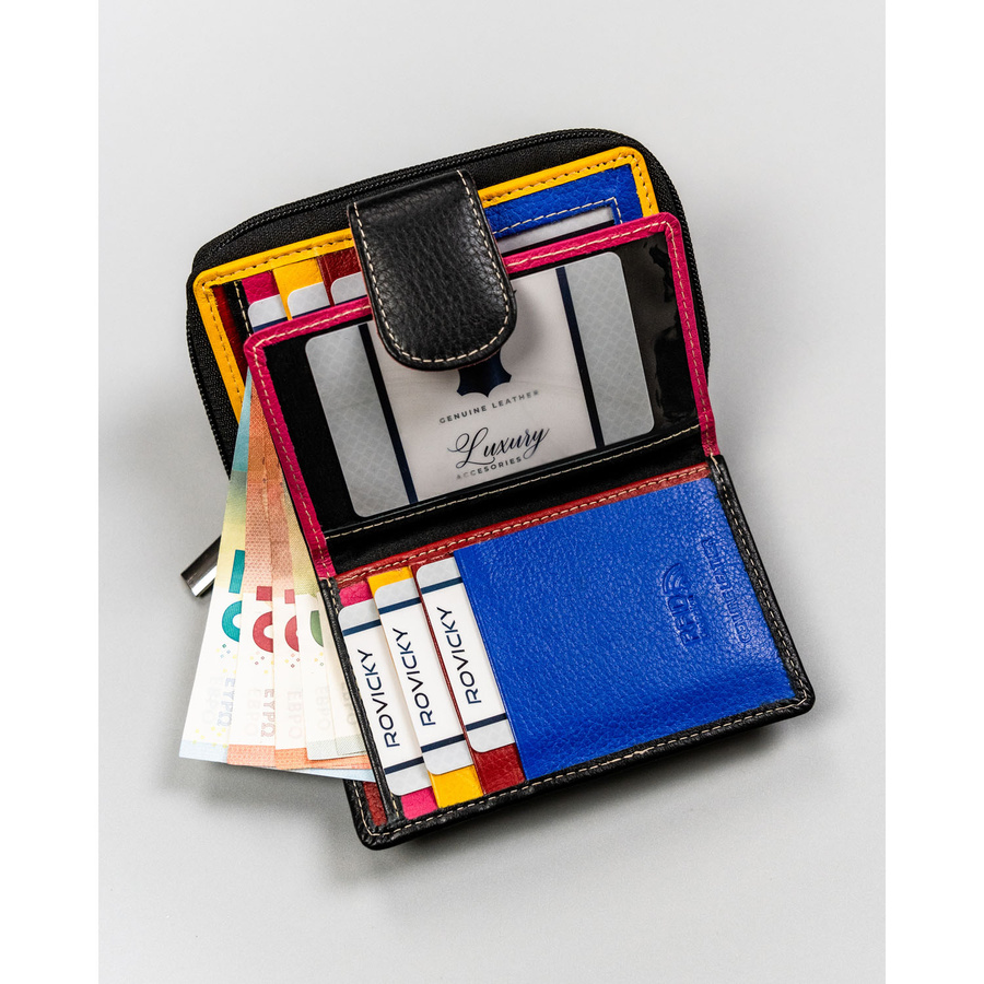 Stylowy, czarny, skórzany portfel damski na zatrzask i suwak - Rovicky