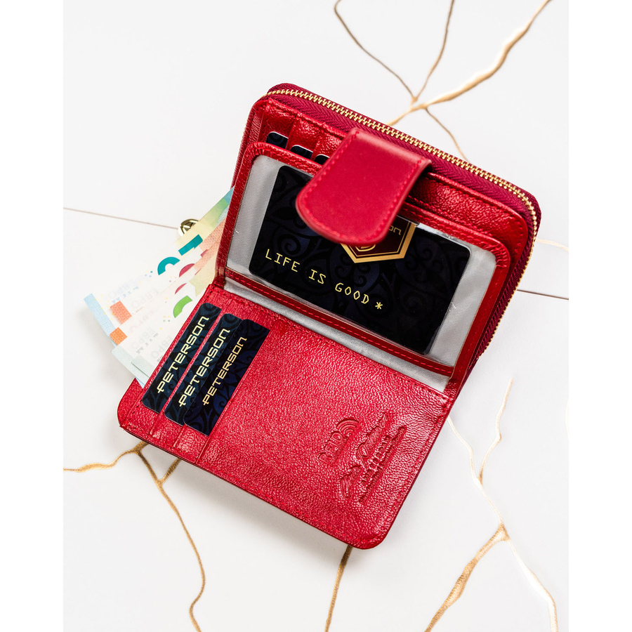 Klasyczny, czerwony portfel damski ze skóry naturalnej i ekologicznej zamykany na suwak i zatrzask - Peterson