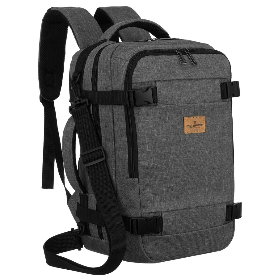 Podróżny plecak z poliestru w szarym kolorze, wyposażony w dopinany pasek - Peterson