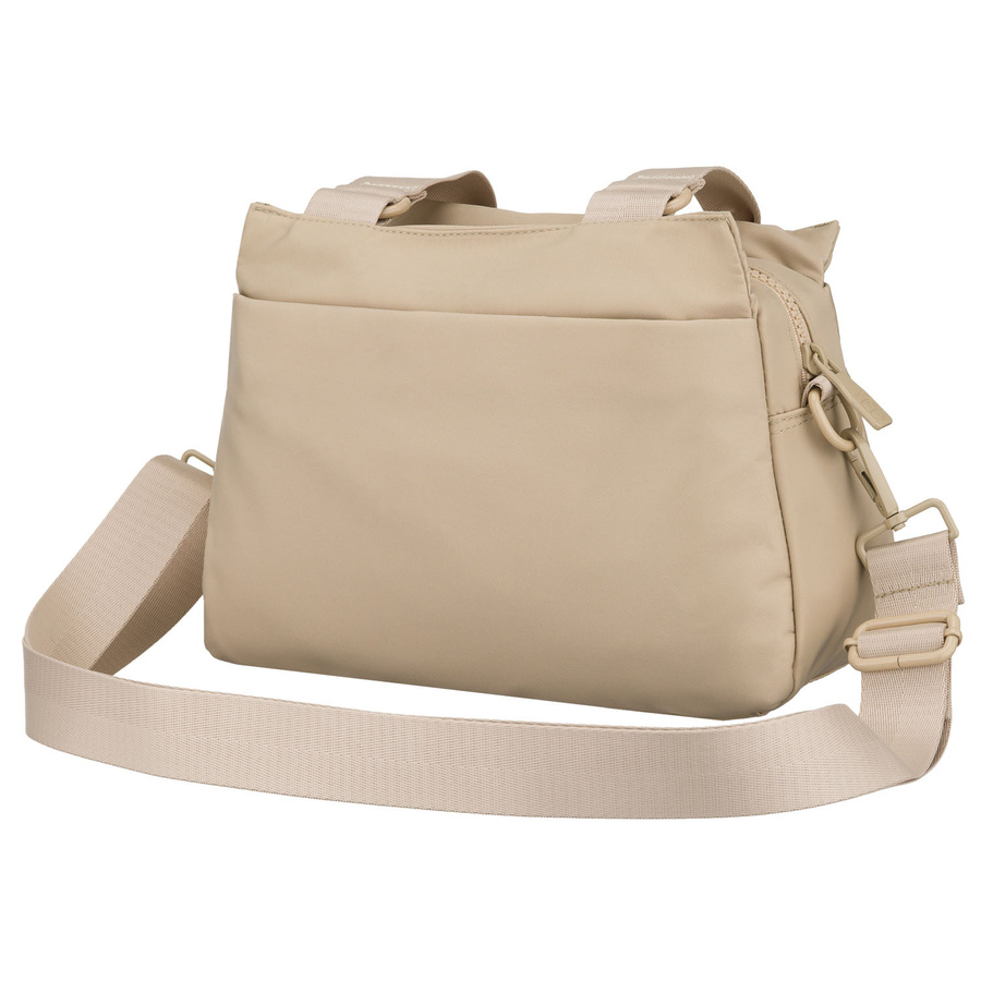 Beżowa, praktyczna listonoszka damska z poliestru zawieszona na uchwytach i doczepianym pasku - Peterson