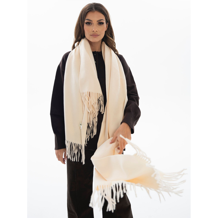 Szal damski z poliestru i wiskozy w beżowo-ecru kolorze ozdobiony frędzlami - Rovicky