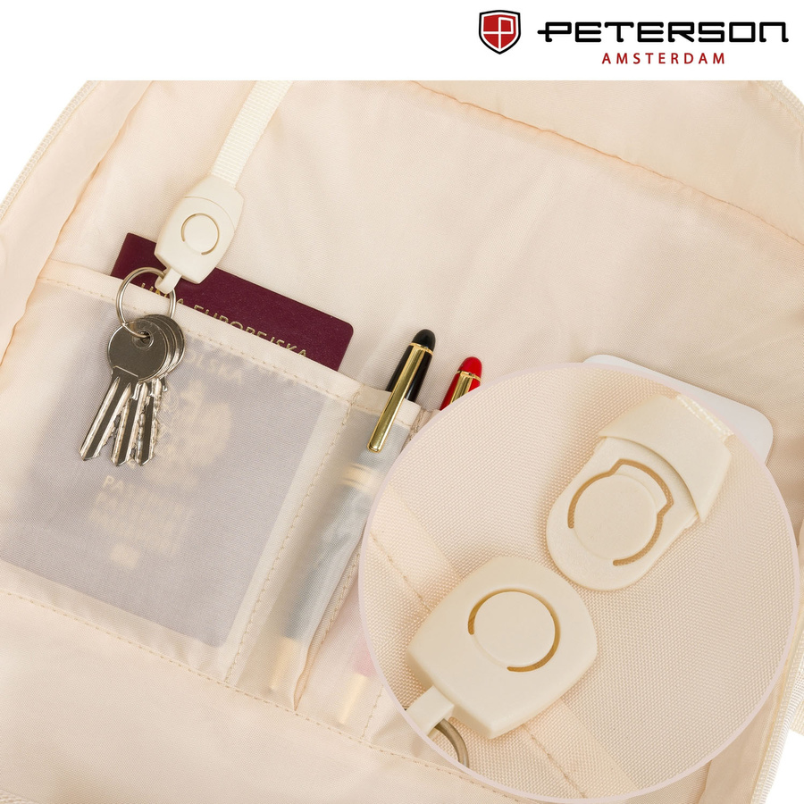 Praktyczny plecak podróżny w kolorze ecru, wyposażony w siatkowaną przegrodę i paski kompresyjne - Peterson