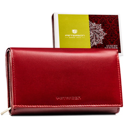 Czerwony portfel damski wykonany ze skóry naturalnej, zamykany na zatrzask - Peterson