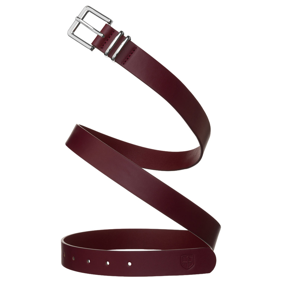 Pasek damski ze skóry ekologicznej w burgundowym kolorze ze srebrną klamrą - Peterson