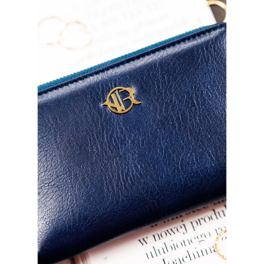 Granatowy portfel-piórnik damski ze skóry ekologicznej zamykany suwakiem - Rovicky