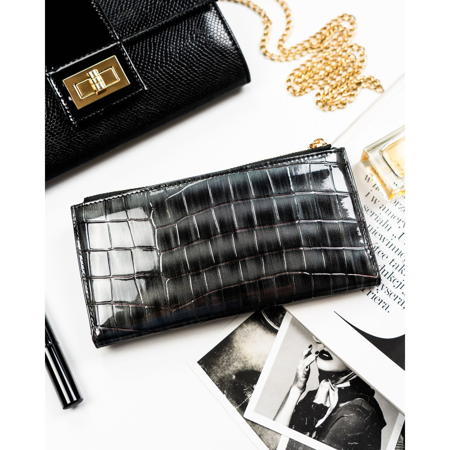 Szary portfel damski ze skóry ekologicznej z tłoczeniem na wzór skóry krokodyla, zamykany na zatrzask magnetyczny - Peterson