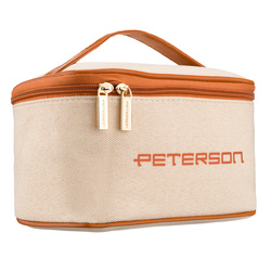 Beżowo-brązowa kosmetyczka z tkaniny syntetycznej wyposażona w uchwyt, zamykana suwakiem - Peterson