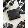 Duży, czarny portfel męski ze skóry naturalnej wyposażony w system RFID, zamykany na zatrzask - Rovicky