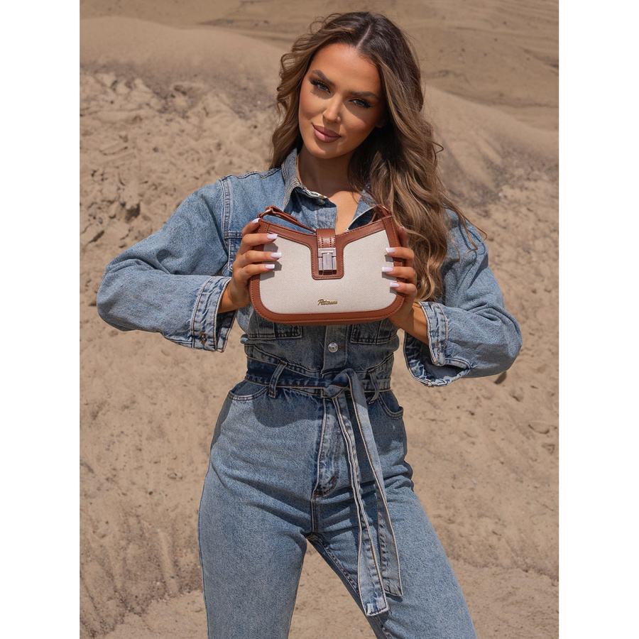 Beżowo-brązowa listonoszka damska ze skóry naturalnej i płótna poliamidowego - Peterson