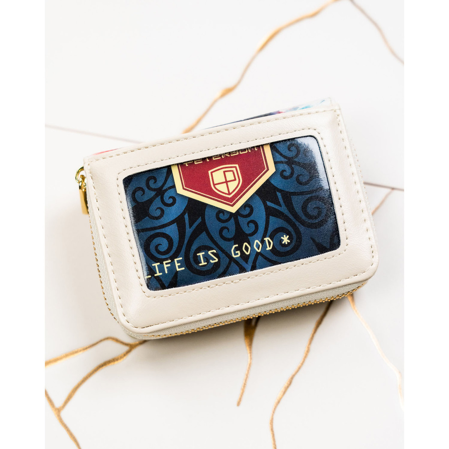 Portfel damski w kwiaty wykonany ze skóry naturalnej i ekologicznej, zamykany na zatrzask i suwak - Peterson