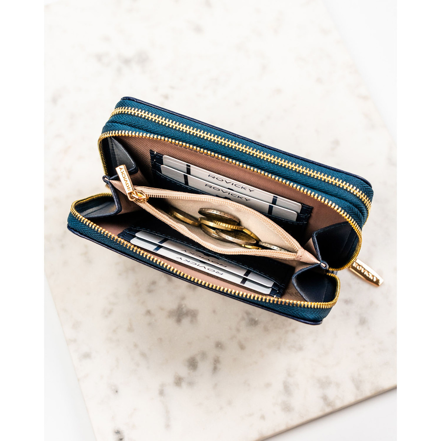 Granatowy portfel-piórnik damski ze skóry ekologicznej zamykany suwakiem - Rovicky