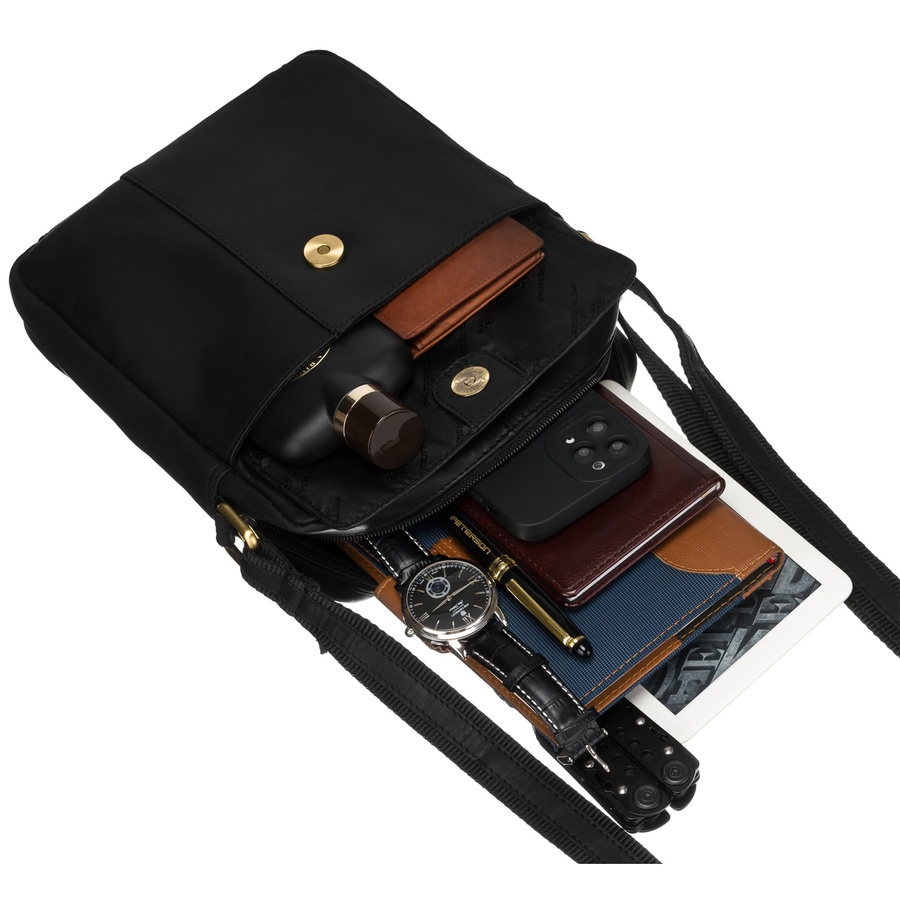 Skórzana, czarna listonoszka męska do pracy z saszetką w zestawie - Peterson 