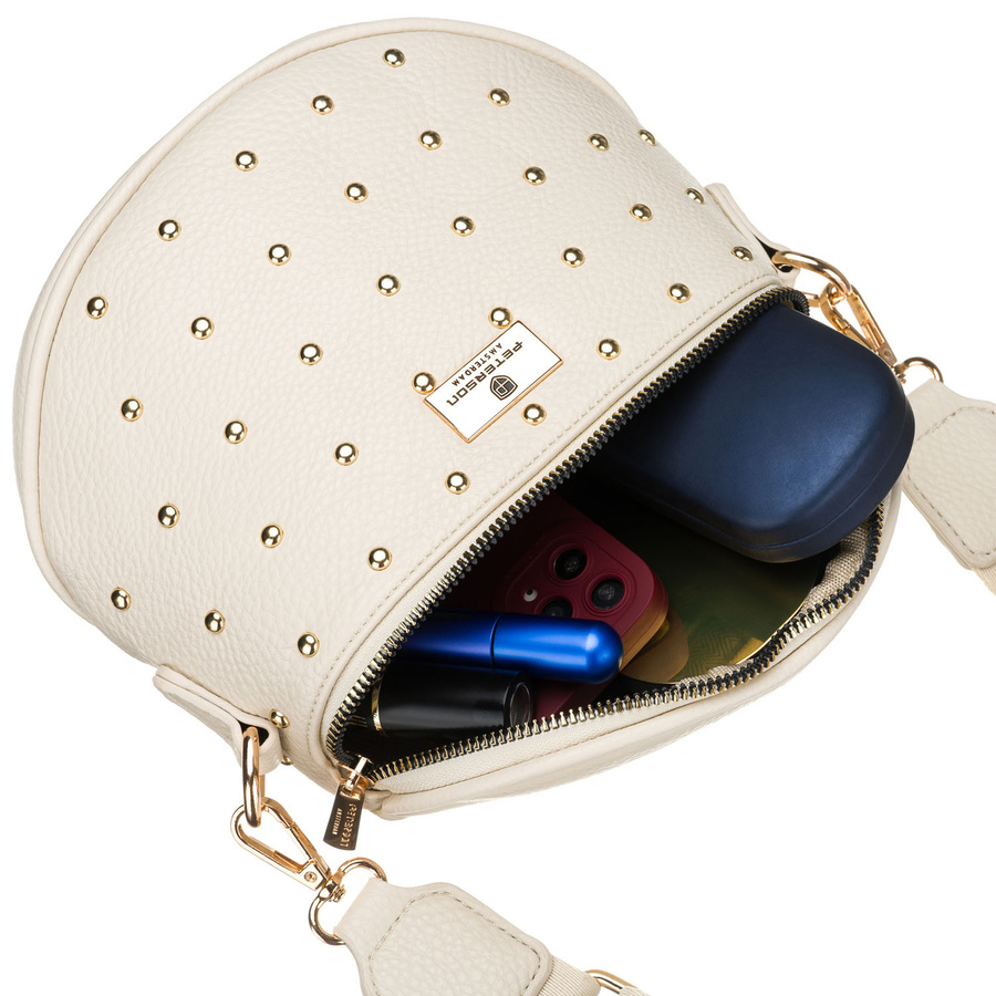 Jasnobeżowa nerka damska ze skóry ekologicznej ozdobiona ćwiekami - Peterson