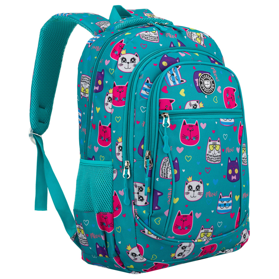 Młodzieżowy plecak szkolny odszyty z poliestru pokryty uroczym wzorem w kotki - Peterson