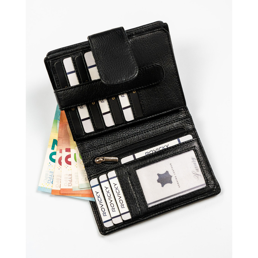Czarny, skórzany portfel damski w orientacji pionowej zamykany na zatrzask - Rovicky