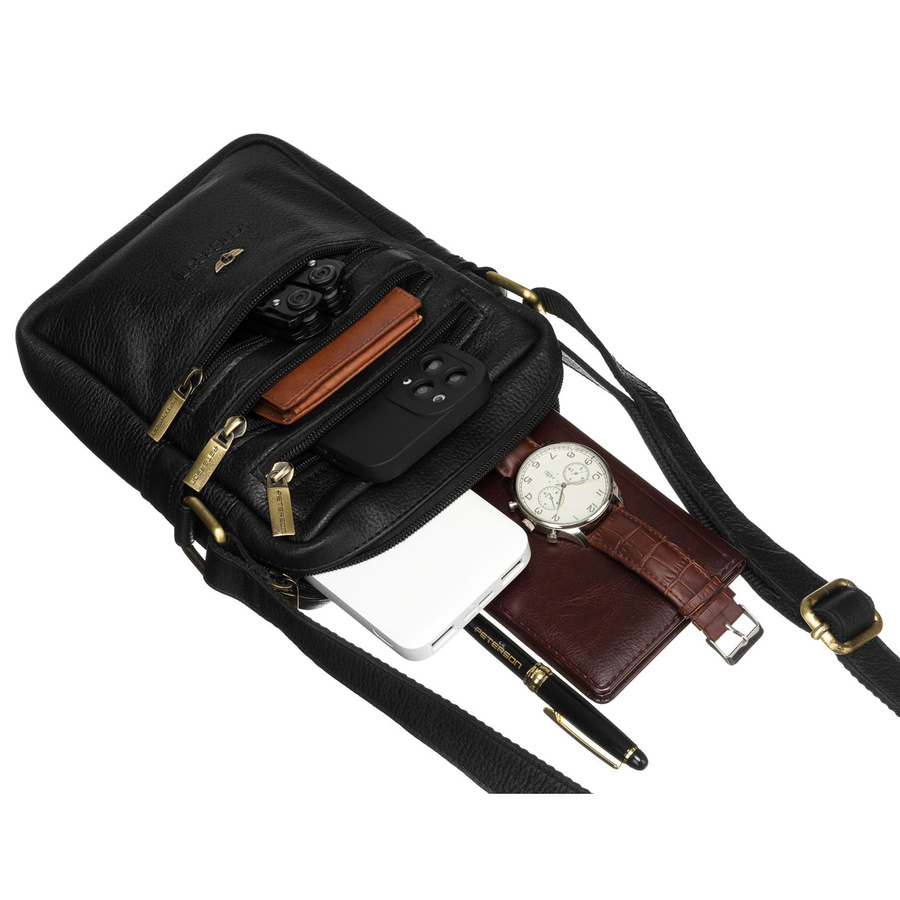 Czarna torba męska na ramię wykonana ze skóry naturalnej z suwakami na froncie - Peterson