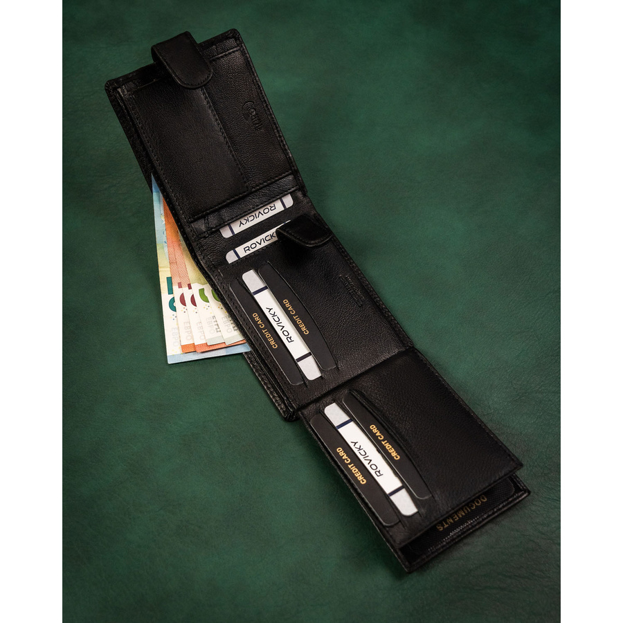 Duży, skórzany portfel męski w czarnym kolorze wyposażony w system RFID, zamykany zatrzaskiem - Rovicky