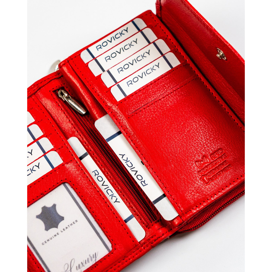 Czerwony, skórzany portfel damski na zatrzask z systemem RFID - Rovicky