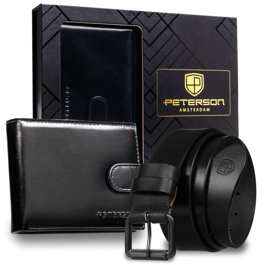 Zestaw prezentowy: skórzany, poziomy portfel męski w czarnym kolorze z systemem RFID i pasek ze skóry naturalnej - Peterson