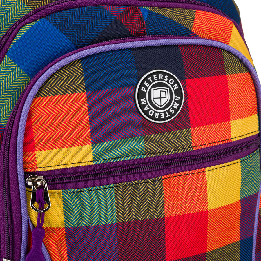 Plecak szkolny w kratę odszyty z poliestru, zawieszony na regulowanych szelkach - Peterson
