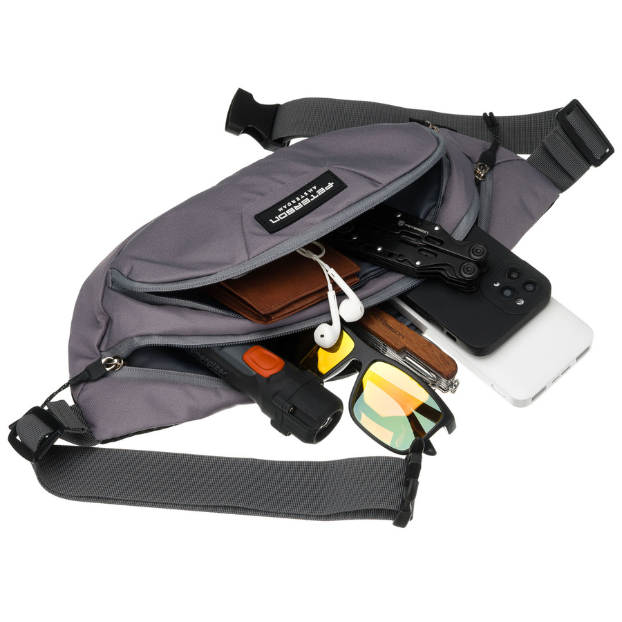 Praktyczna saszetka sportowa z poliestru w ciemnoszarym kolorze, zamykana suwakiem - Peterson