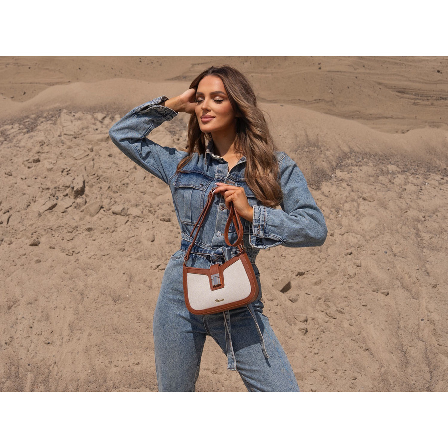 Beżowo-brązowa listonoszka damska ze skóry naturalnej i płótna poliamidowego - Peterson