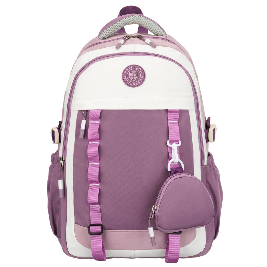 Miękki plecak szkolny z poliestru w białofioletowym kolorze, zawieszony na regulowanych szelkach - Peterson