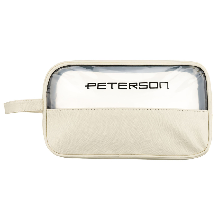 Kosmetyczka z tkaniny syntetycznej w kolorze ecru, wyposażona w przezroczysty panel - Peterson
