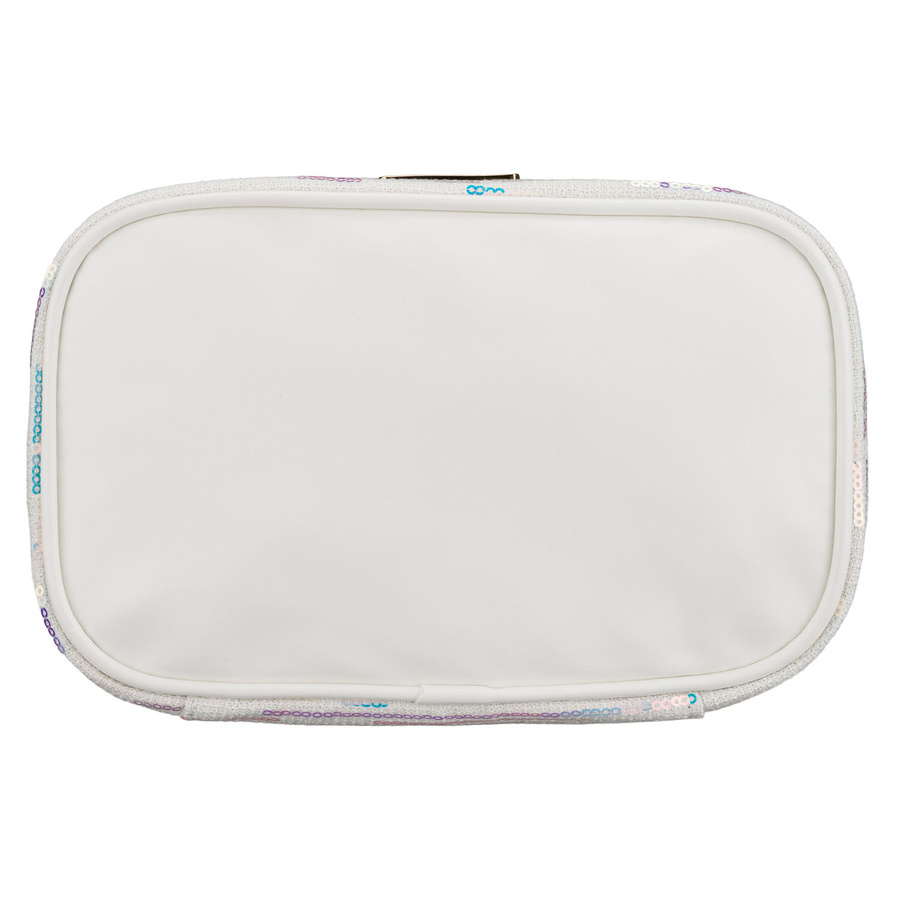 Biała kosmetyczka z tkaniny syntetycznej ozdobiona cekinami, wyposażona w wygodny uchwyt - Peterson