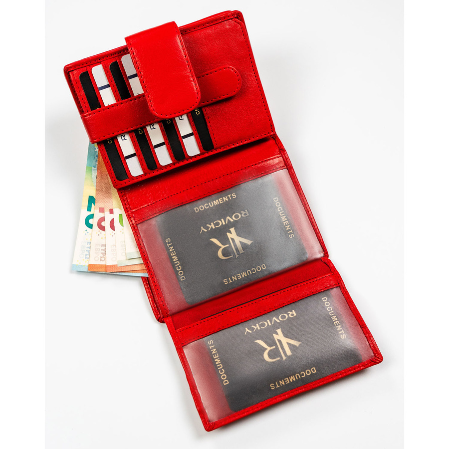 Zgrabny portfel damski na zatrzask wykonany ze skóry naturalnej w czerwonym kolorze - Rovicky