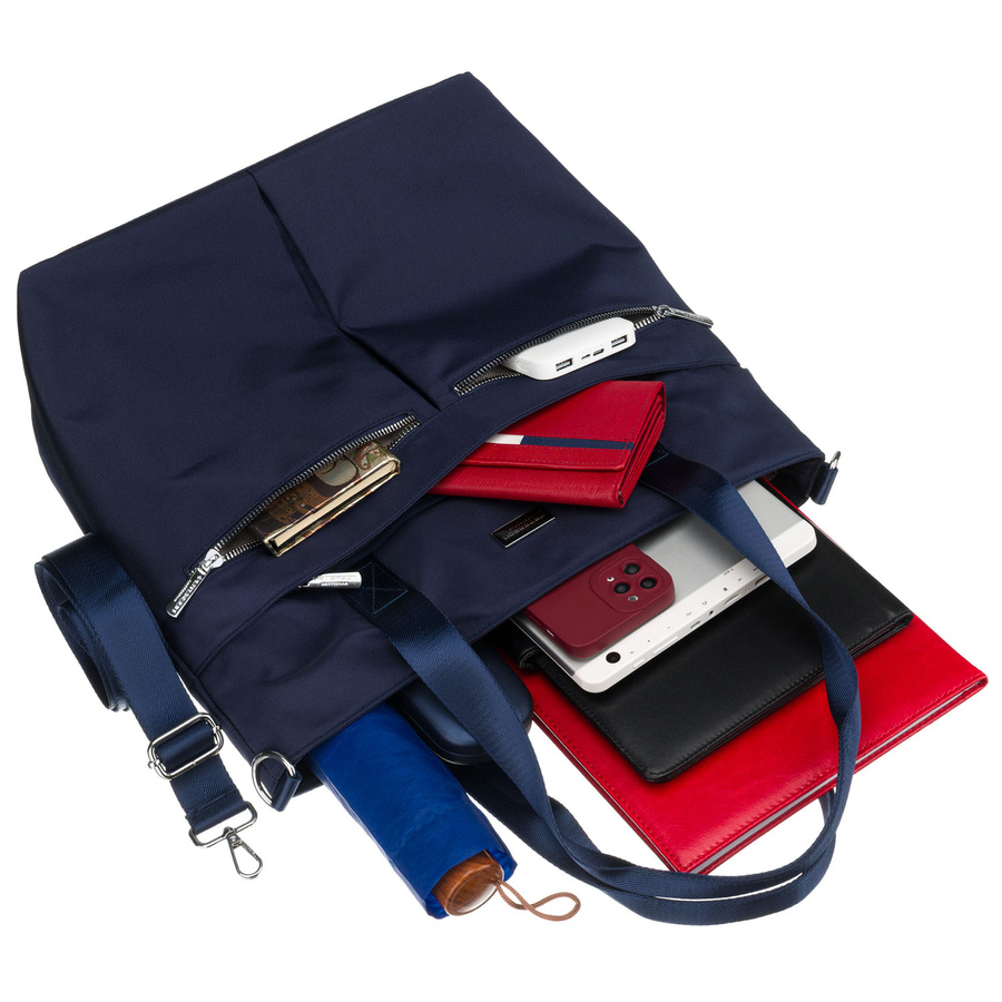 Granatowa, jednokomorowa shopperka damska z poliestru wyposażona w dopinany, regulowany pasek - Peterson