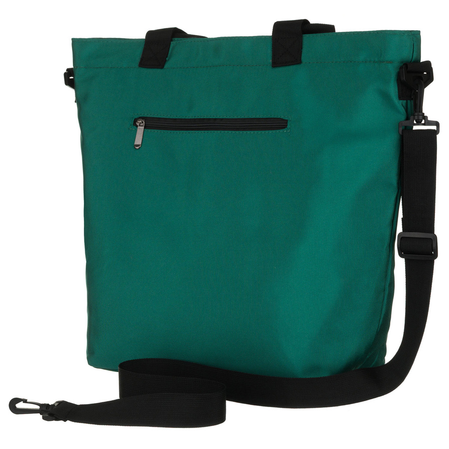 Duża, ciemnozielona shopperka damska z poliestru, zawieszona na uchwytach i doczepianym pasku - Peterson