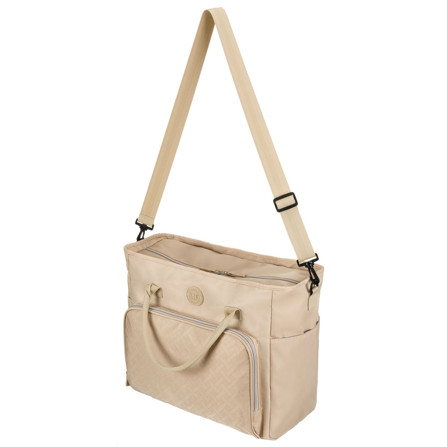 Praktyczna torba podróżna z poliestru w beżowym kolorze, wyposażona w uchwyt na walizkę - Peterson