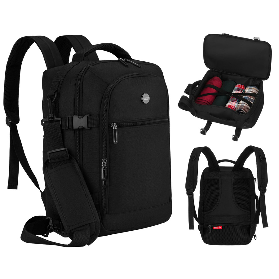 Podróżny plecak z poliestru w czarnym kolorze, dwukomorowy i idealny na bagaż podręczny - Peterson