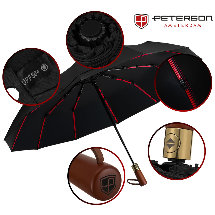 Składana, czarna parasolka w eleganckim pokrowcu - Peterson