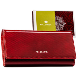 Elegancki portfel damski ze skóry naturalnej w czerwonym kolorze, zamykany zatrzaskiem i biglem - Peterson