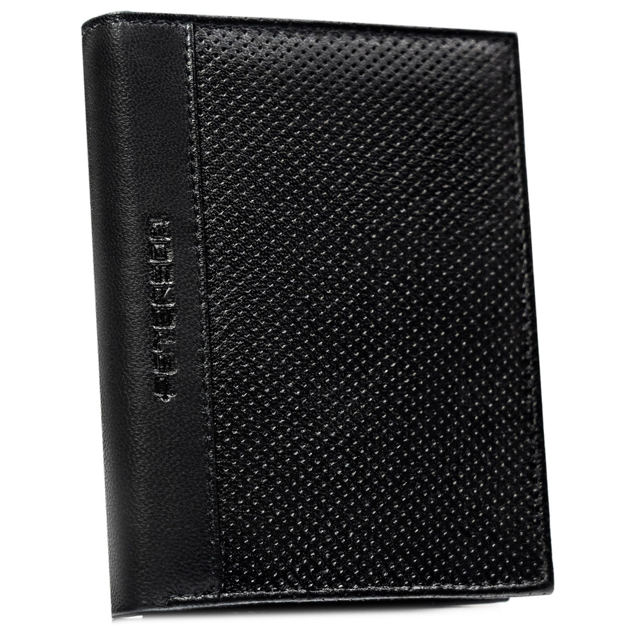Skórzany portfel męski w czarnym kolorze w orientacji pionowej bez zapięcia zewnętrznego - Peterson