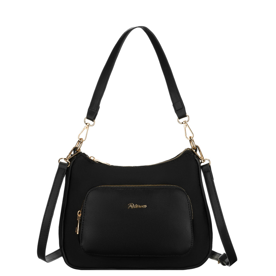 Czarna listonoszka damska z nylonu i skóry ekologicznej zawieszona na uchwytach i dopinanym pasku - Peterson