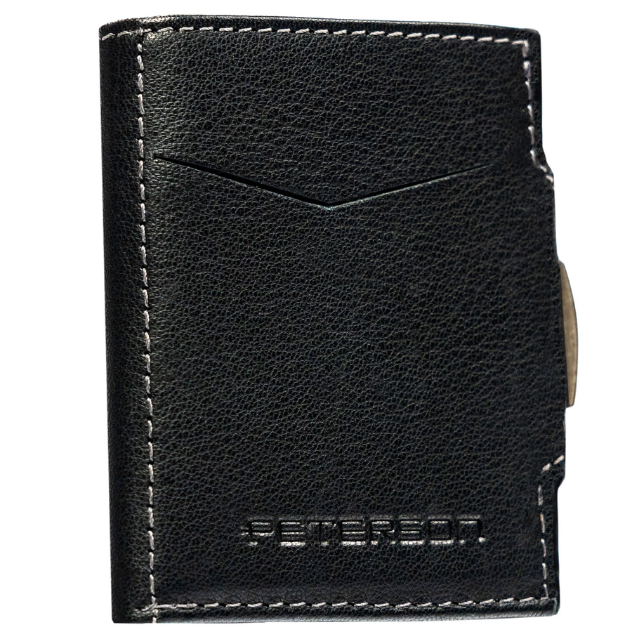Mały, skórzany, pionowy portfel męski w czarnym kolorze na zatrzask - Peterson