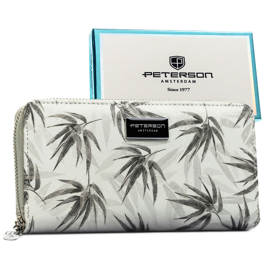 Szary portfel damski w typie piórnika w roślinny wzór, wykonany ze skóry naturalnej i ekologicznej - Peterson